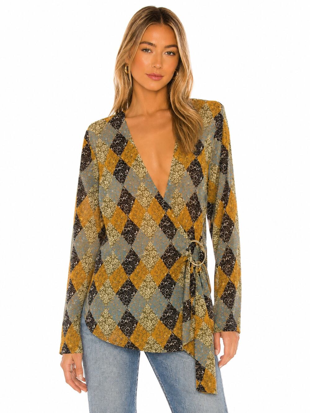 House of Harlow Harlequin Quilt Wrap blouse in Multi Color NWOT Size S